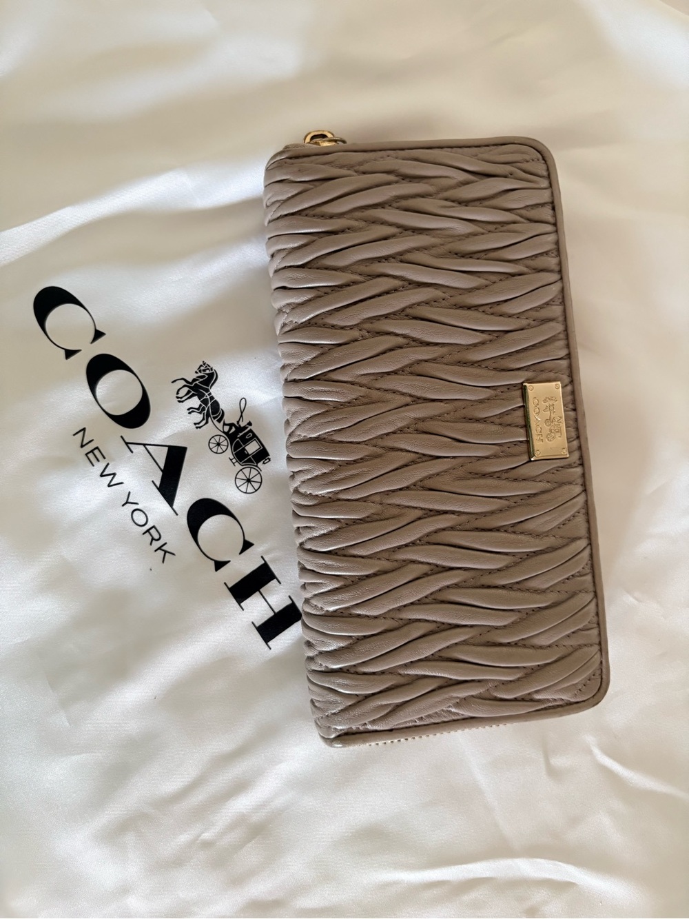Coach Quilted Leather Zip Wallet in Taupe with Gold Hardware